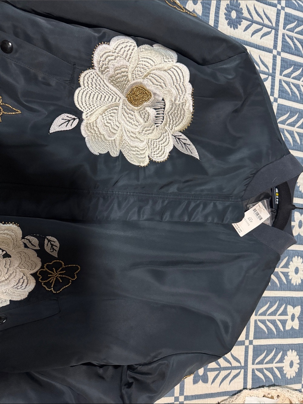 Anthropologie Navy Bomber Jacket with White & Gold Floral Embroidery